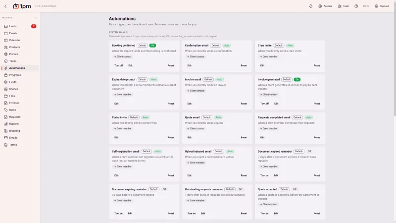 The Automations page in 1pm: a grid of system emails including booking confirmed, confirmation email, crew invite, expiry date prompt, invoice email, invoice generated, portal invite, quote email, requests completed, self-registration, upload rejected, document expired and quote accepted, each labelled with what fires it and whether it is on, off, or automatic.