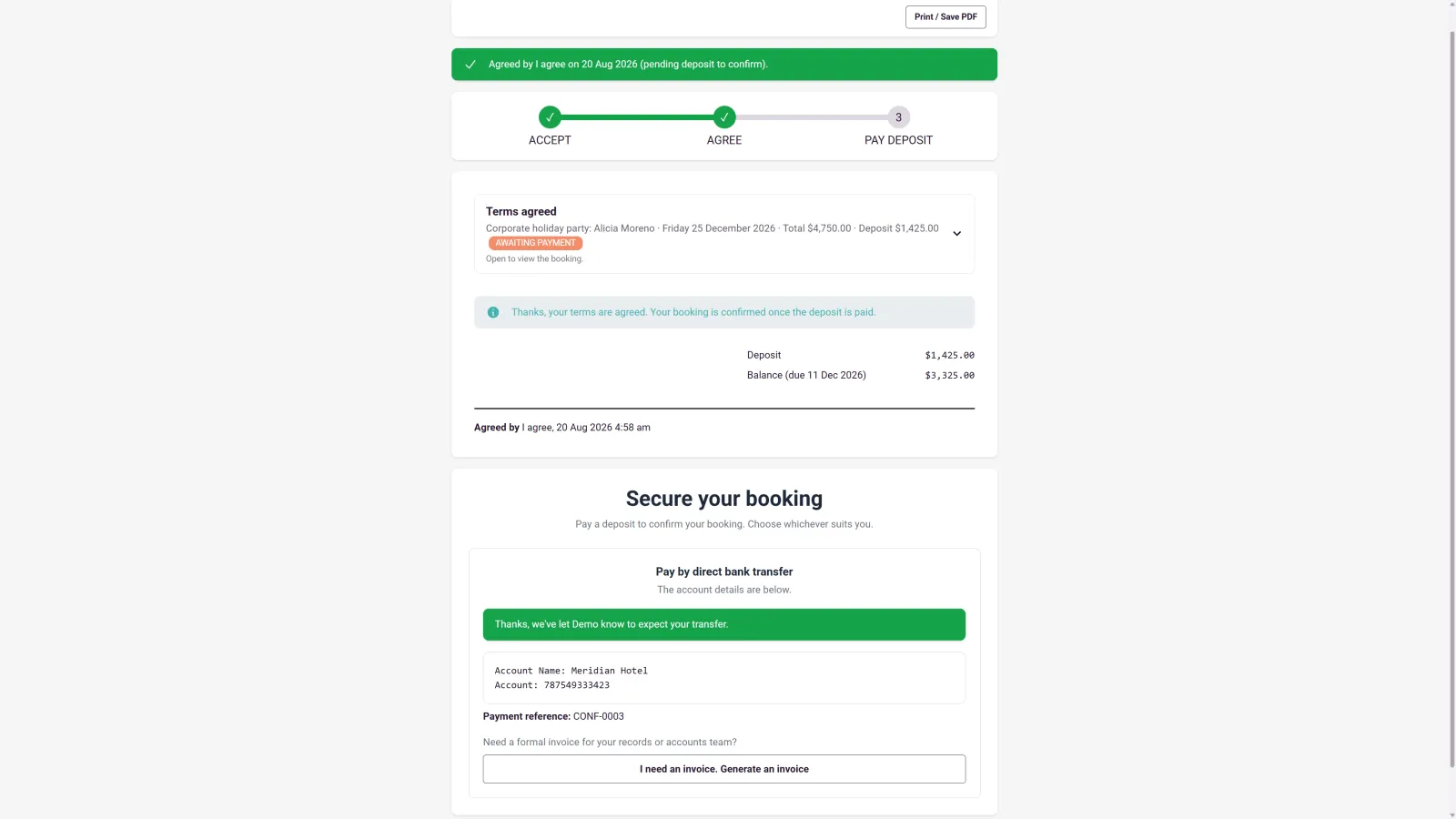 The client's booking page in 1pm: a three-step tracker with Accept and Agree ticked and Pay deposit to go, the agreed terms with the total, the deposit and the balance due date, a note that the booking confirms once the deposit is paid, and a choice to pay by bank transfer or generate an invoice.