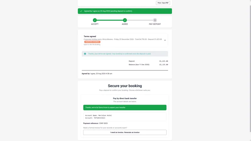 The same Booking Portal in 1pm once payment is under way: a confirmation that the venue has been told to expect the transfer, the bank account details and payment reference, and a button to generate their own invoice for their records or accounts team.