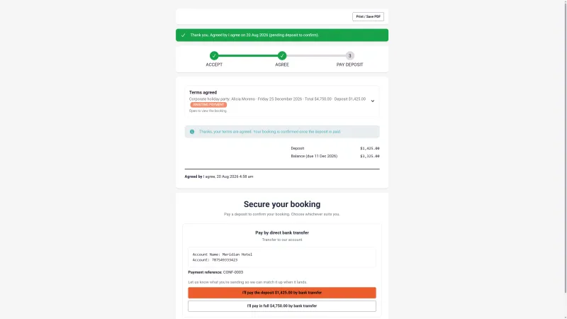 The same Booking Portal in 1pm after the terms are agreed: the first two steps ticked green, a terms agreed summary naming the party, date, total and deposit, the deposit and balance amounts with the balance due date, and a choice of paying the deposit or paying in full by bank transfer.