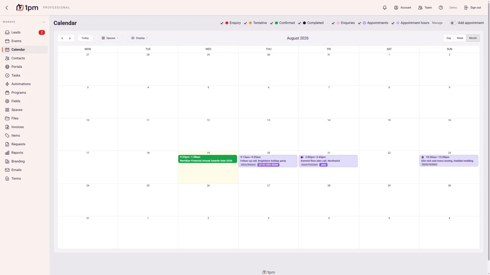 The month view of the 1pm calendar: status filters for enquiry, tentative, confirmed and completed across the top, plus enquiries, appointments and appointment hours, with colour-coded event chips leading with their start and end times.