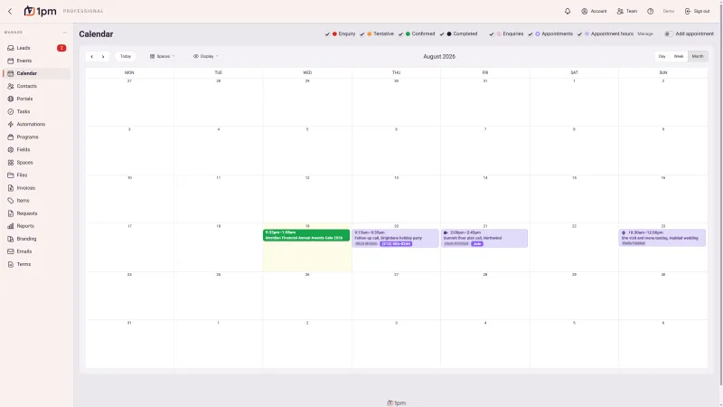 The month view of the 1pm calendar: status filters for lead, tentative, confirmed and completed across the top, plus leads, appointments and appointment hours, with colour-coded event chips leading with their start and end times.