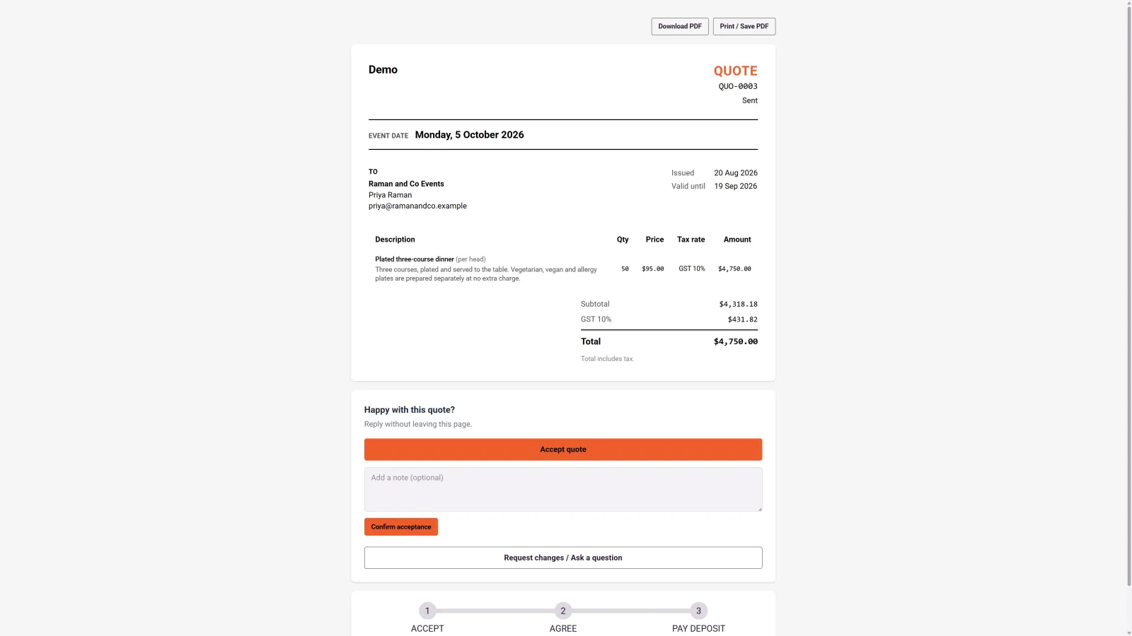 A client's own quote page in 1pm, opened at a private link: the event date, the priced line with quantity, price, tax rate and amount, subtotal, tax and total, and the Accept quote button pressed to reveal an optional note and a Confirm acceptance button, above a three-step progress bar reading accept, agree, pay deposit.