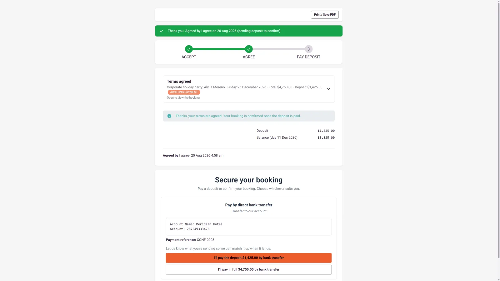 The same client page in 1pm after the terms are agreed: the first two steps ticked green, a terms agreed summary naming the party, date, total and deposit, the deposit and balance amounts with the balance due date, and a choice of paying the deposit or paying in full by bank transfer.