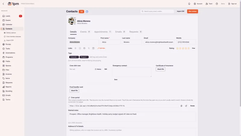 A single contact record in 1pm showing name, company, email and mobile, tags, a star rating, custom fields for crew shirt size, emergency contact, certificate of insurance and food handler card, a durable crew portal link, and tabs for events, appointments, emails and requests.