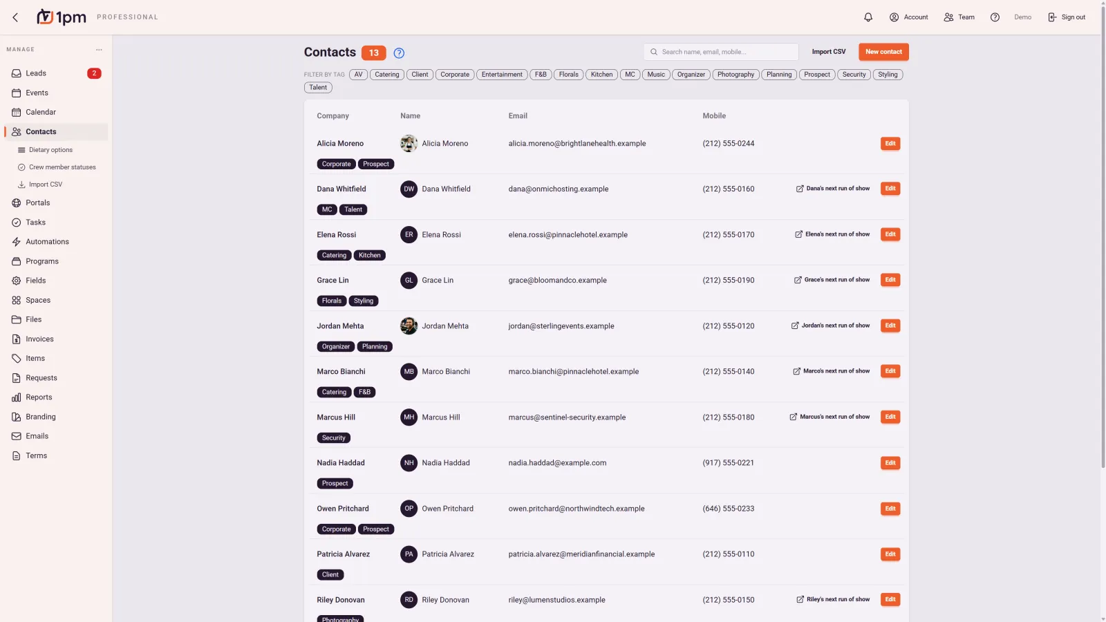 The Contacts list in 1pm: company, name, email and mobile for each person, colour-coded tags such as Catering, AV, Florals and Prospect, a tag filter bar across the top, and a link to each person's next run of show.