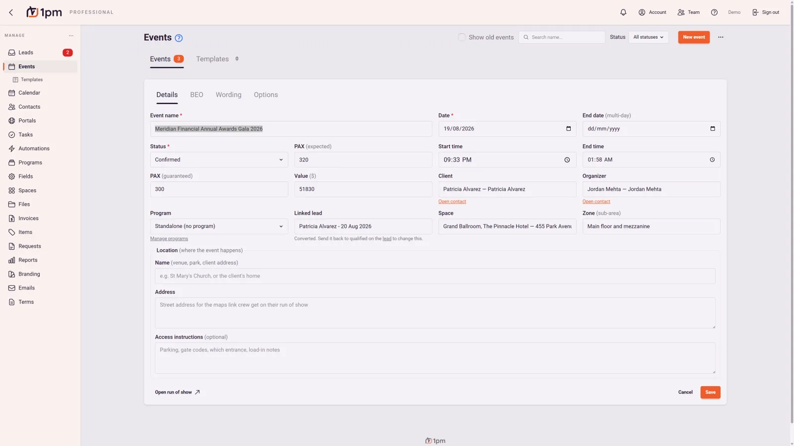 The event record in 1pm: tabs for details, BEO, wording and options, with the event name, date, a confirmed status, expected and guaranteed pax, event value, the client and organizer, the linked lead it converted from, the space it runs in and its zone, and start and end times.