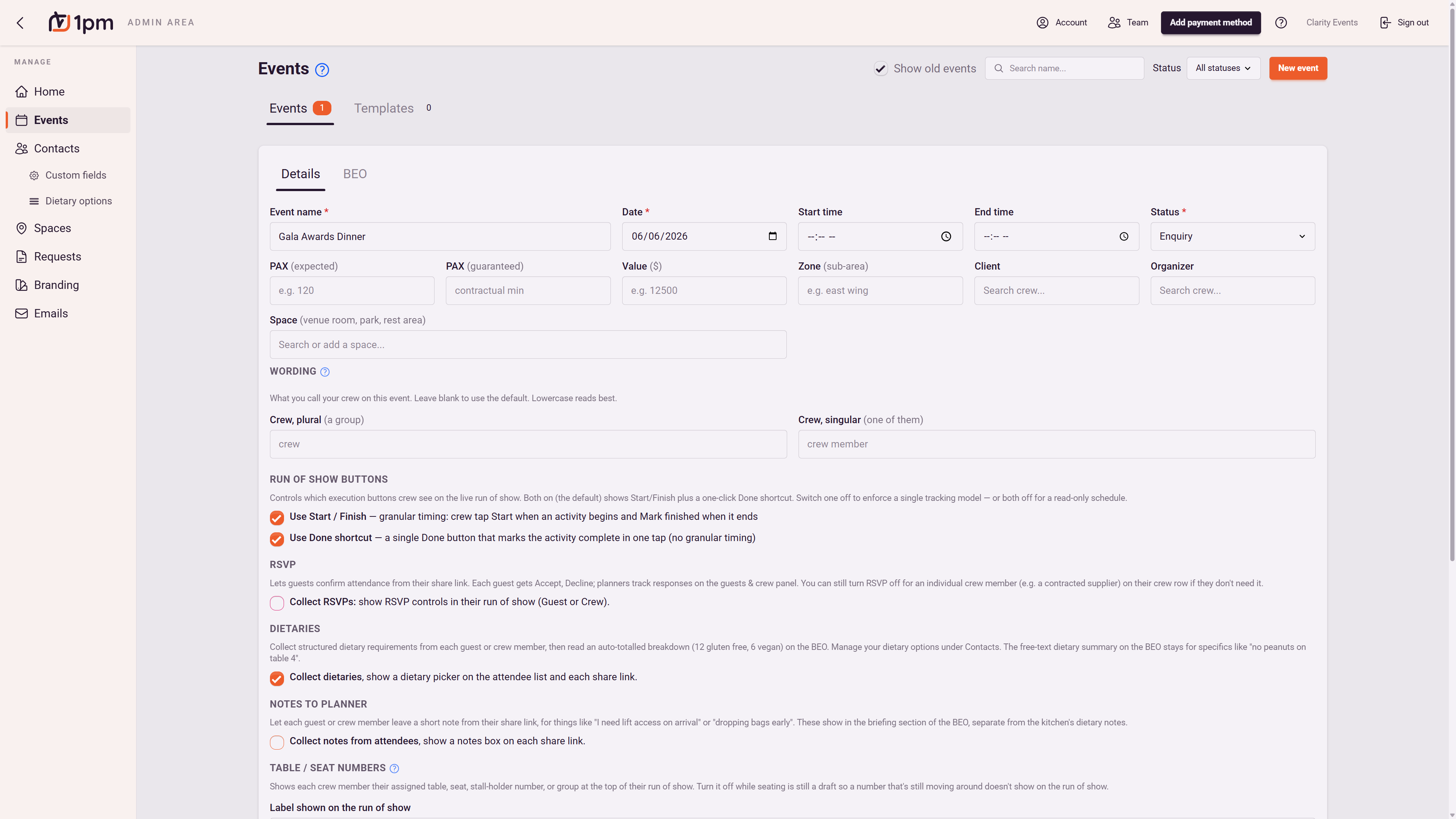 The Banquet Event Order fields on a 1pm event: service style, setup style, pax guaranteed, dietary and menu summaries, bar package, AV notes, access from and vacate by.