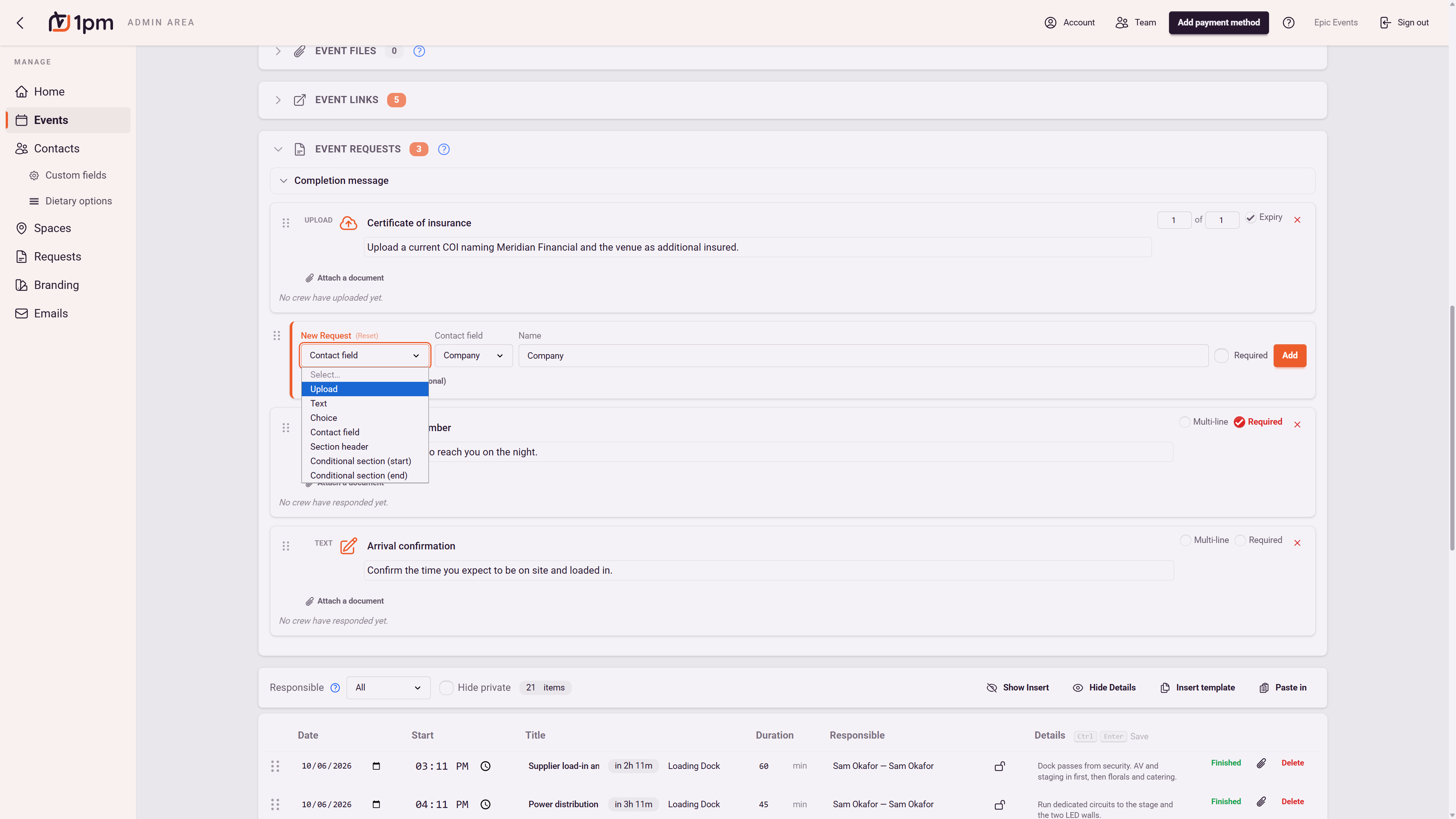 The event requests builder in 1pm: a certificate of insurance upload request with expiry tracking, and a new request being added with upload, text, choice, contact field and conditional section types.