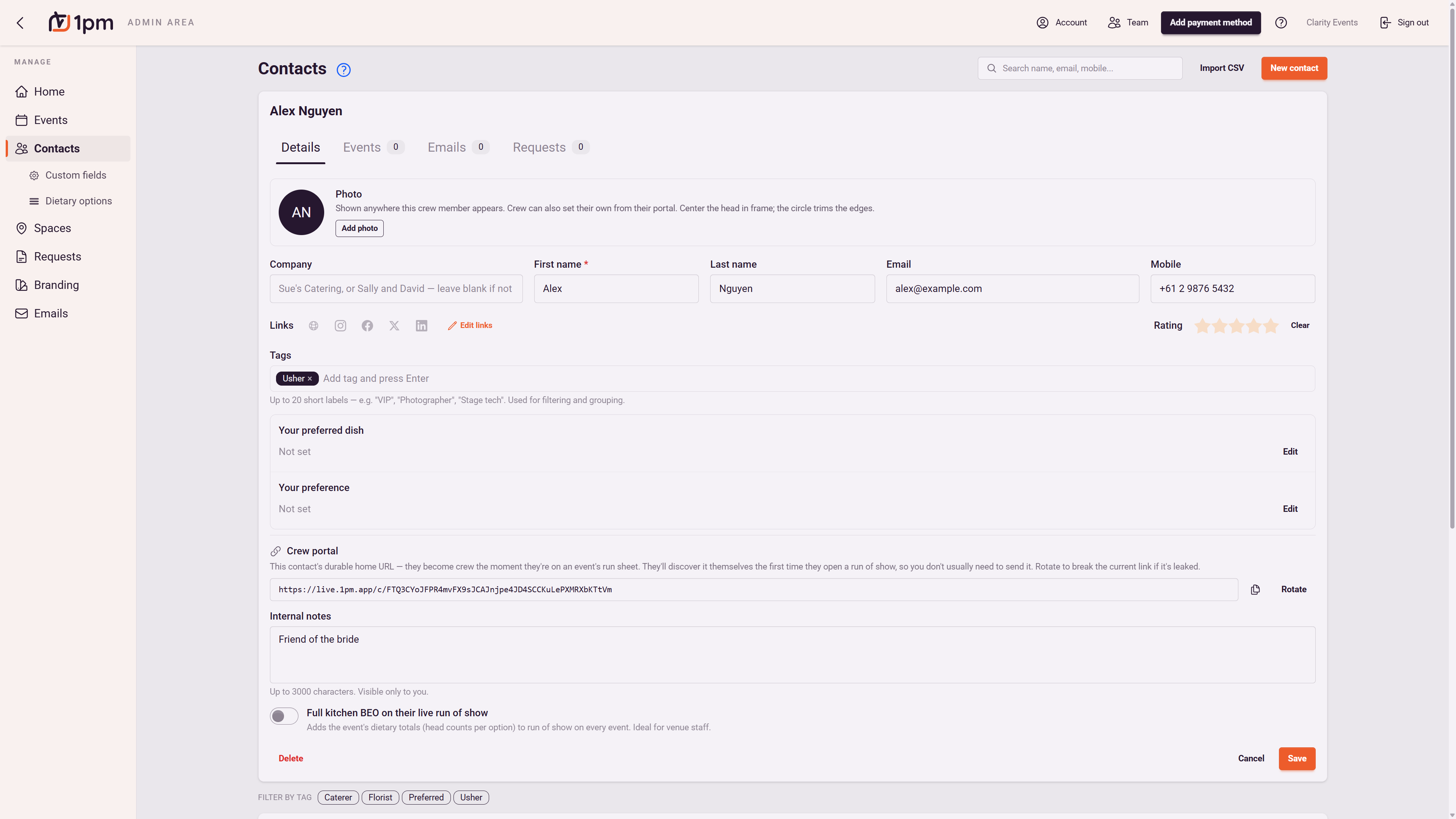 A contact record in 1pm showing name, company, email and mobile, tags, a rating, custom fields, a durable crew portal link, and tabs for events, emails and requests.