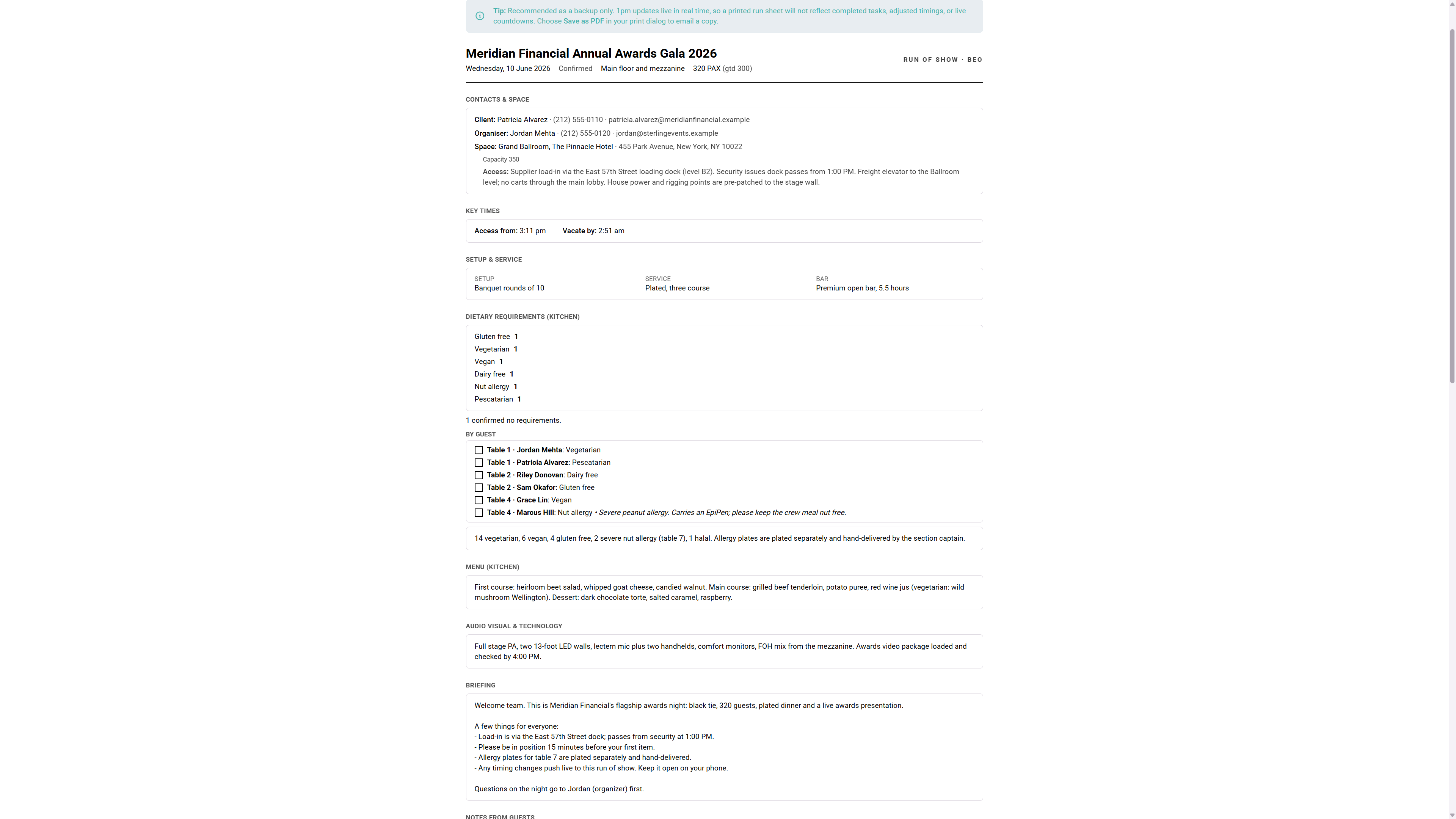 The printable back-of-house run of show document in 1pm: contacts and space, access and vacate times, setup and service, a kitchen dietary summary by table, menu, AV notes and the crew briefing.