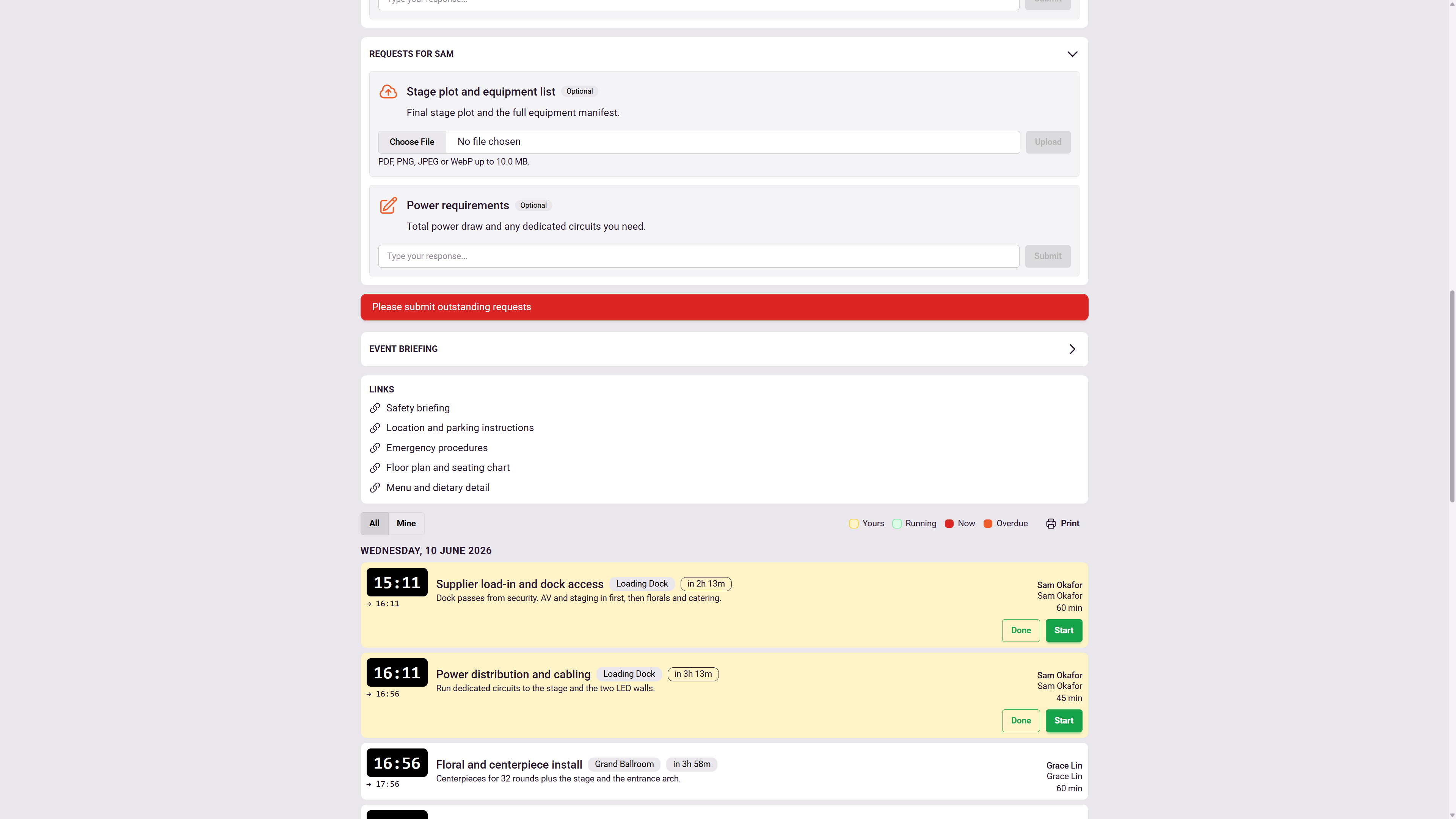 A crew member's login-free share link view in 1pm: their outstanding requests, the event briefing and links, and their timeline items with countdowns and Done and Start controls.