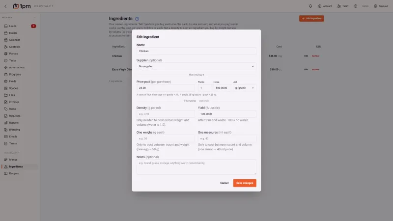 The ingredient editor in 1pm: name, supplier, price paid per purchase, packs and pack size with the unit bought in, and optional density, usable yield percentage, one weighs and one measures fields for costing between weight, volume and count.