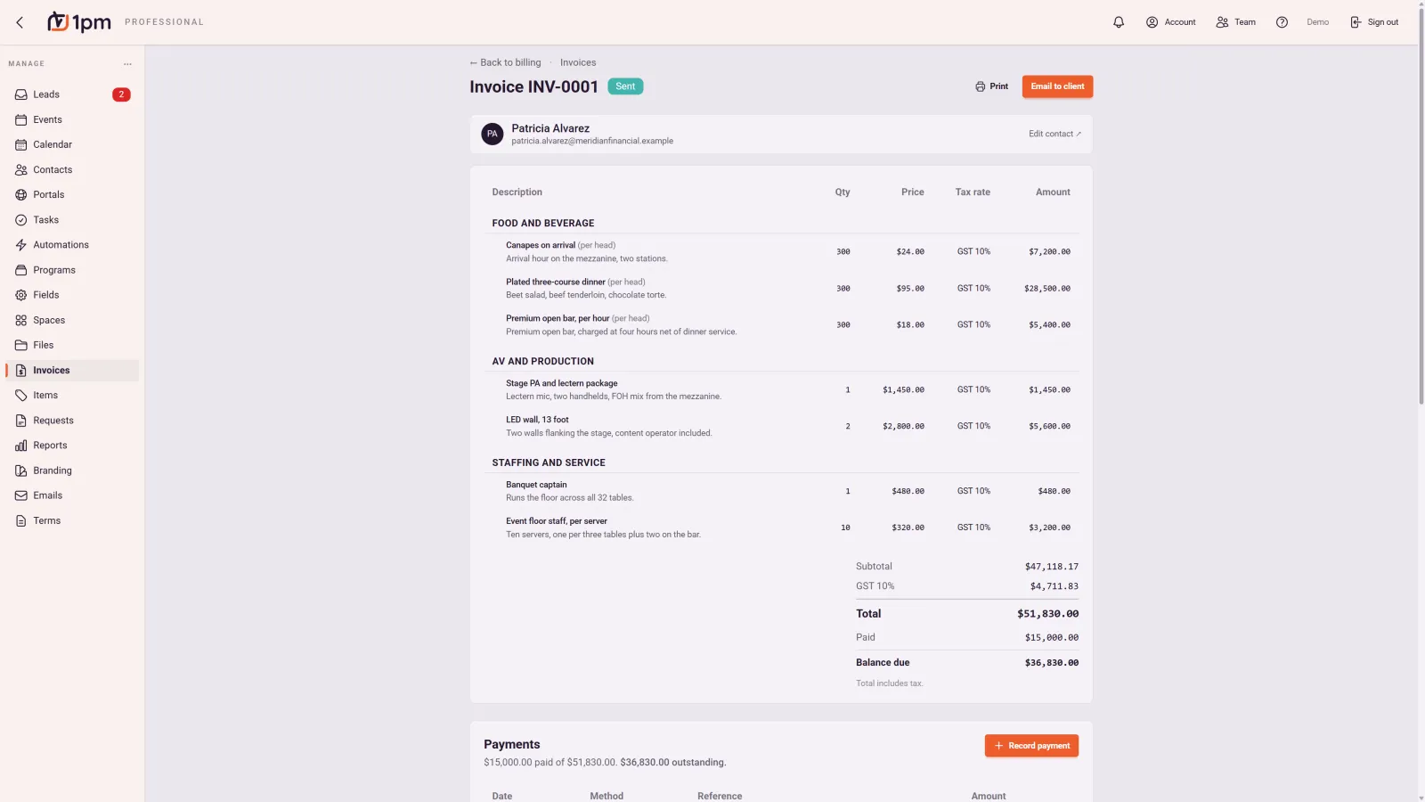 An invoice in 1pm grouped into food and beverage, AV and production, and staffing and service, each line carrying quantity, unit price, tax rate and amount, with subtotal, tax, total, paid and balance due, and a payments section recording what has been received.