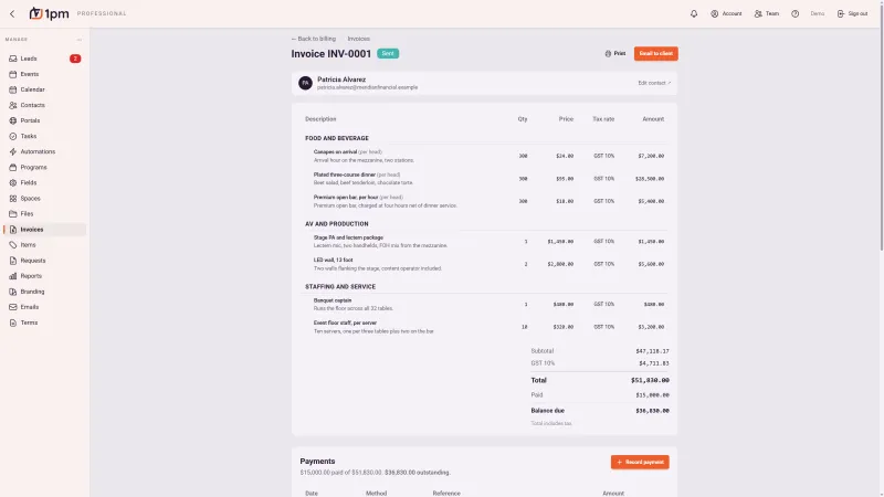 An invoice in 1pm grouped into food and beverage, AV and production, and staffing and service, each line carrying quantity, unit price, tax rate and amount, with subtotal, tax, total, paid and balance due, and a payments section recording what has been received.