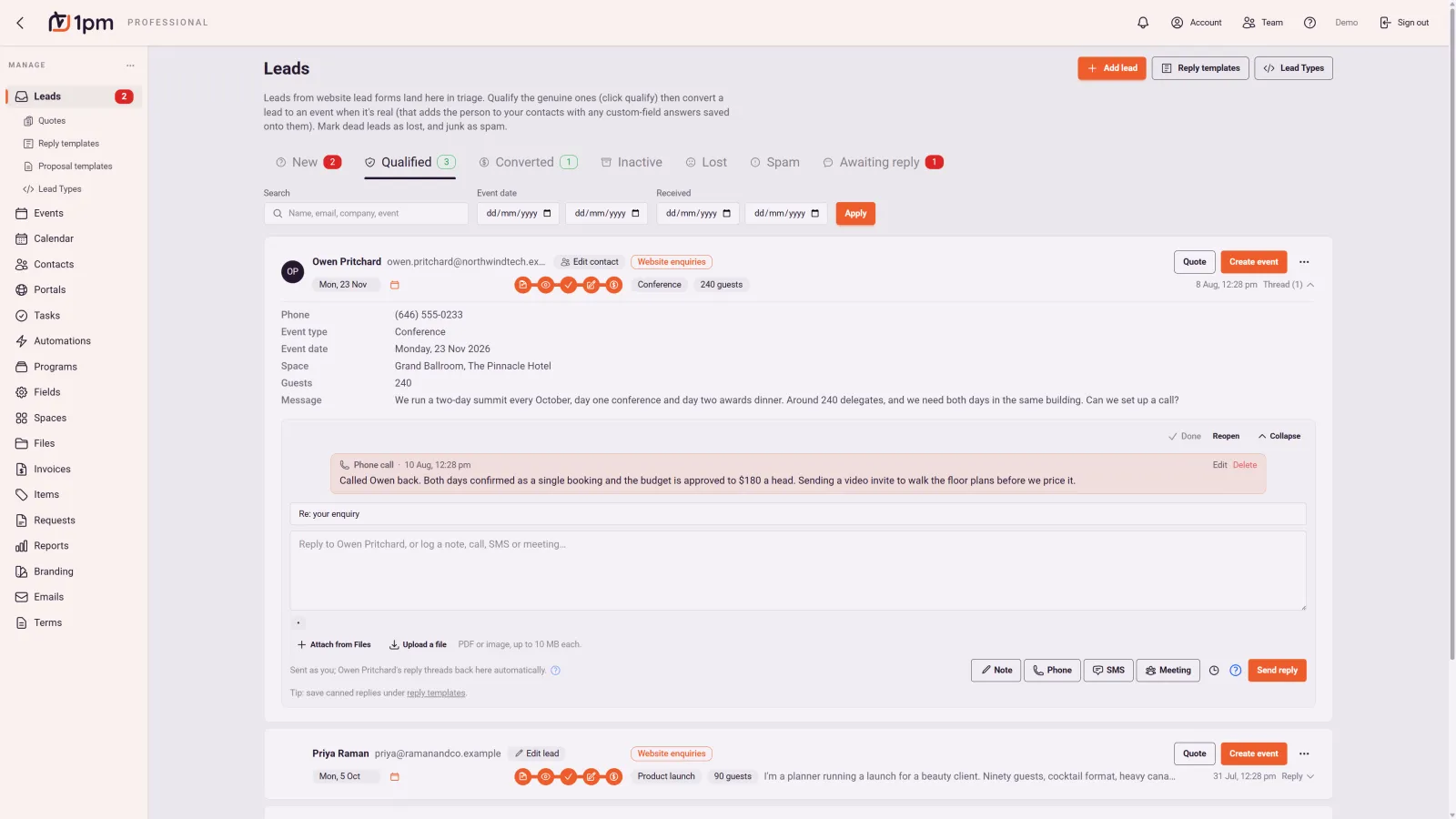 The Leads inbox in 1pm: tabs for new, qualified, converted, inactive, lost, spam and awaiting reply, an expanded lead showing the enquirer's phones, event type, date, space and guest count alongside their original message, a logged phone call in the thread, and a reply box with Note, Phone, SMS and Meeting actions plus a Send reply button.