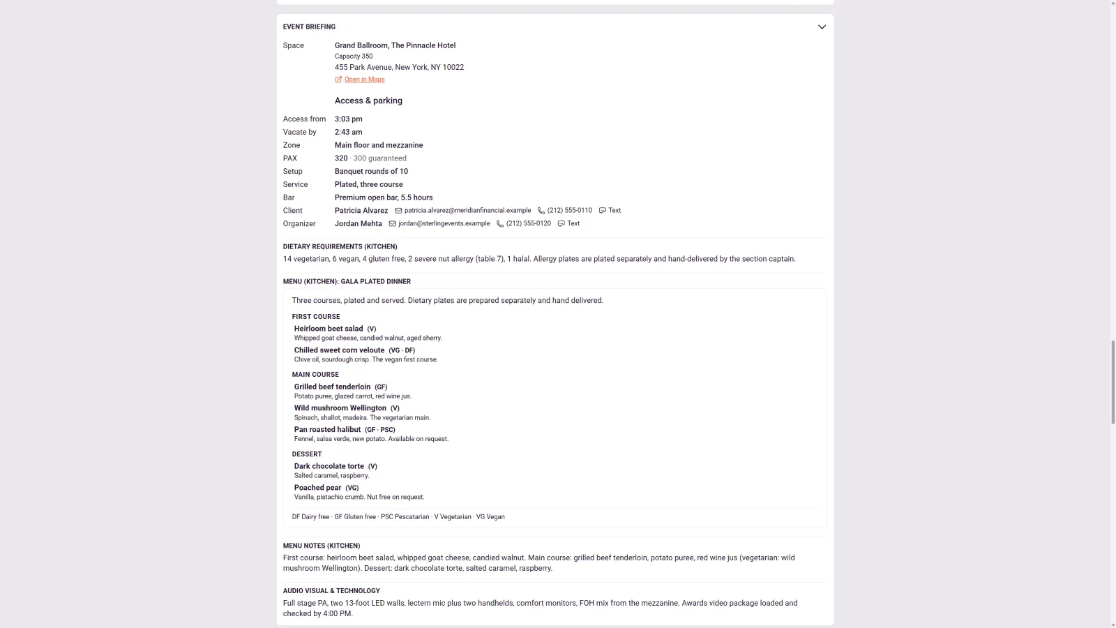 A BEO in 1pm: the space and its address, access from and vacate by times, zone, pax guaranteed, banquet rounds setup, plated three-course service, bar package, client and organizer contacts, a kitchen dietary breakdown, the full plated menu with dietary codes, and AV notes.