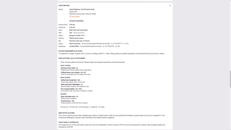 A BEO in 1pm: the space and its address, access from and vacate by times, zone, pax guaranteed, banquet rounds setup, plated three-course service, bar package, client and organizer contacts, a kitchen dietary breakdown, the full plated menu with dietary codes, and AV notes.