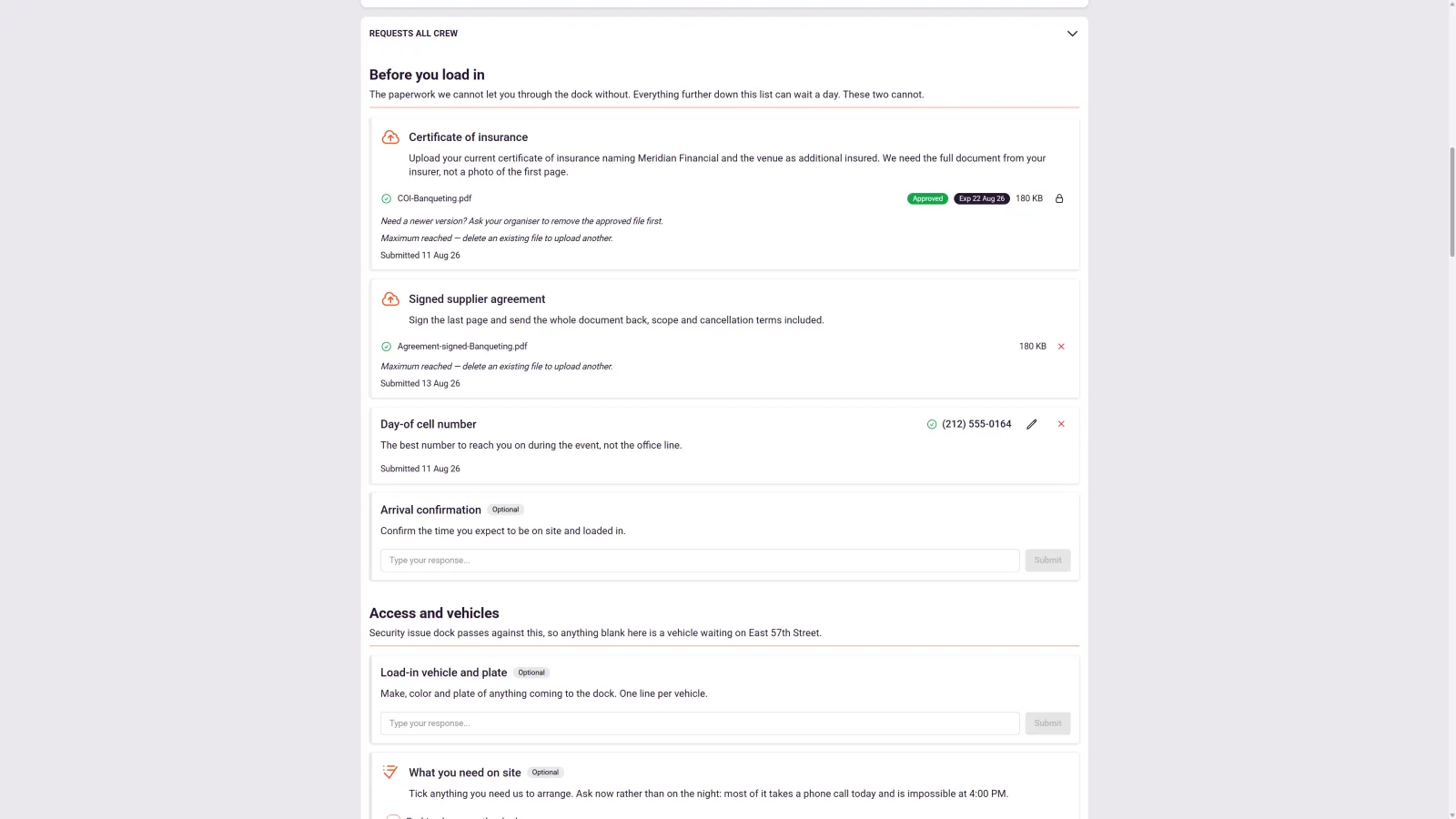 A crew member's login-free requests page in 1pm: a certificate of insurance already uploaded and marked approved with its expiry date, a signed supplier agreement submitted, a day-of call number, and optional arrival, vehicle and on-site questions grouped under headings.