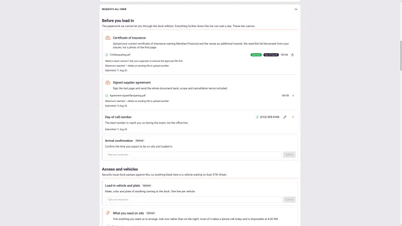 The requests page of a crew member's Event Portal in 1pm: a certificate of insurance already uploaded and marked approved with its expiry date, a signed supplier agreement submitted, a day-of call number, and optional arrival, vehicle and on-site questions grouped under headings.