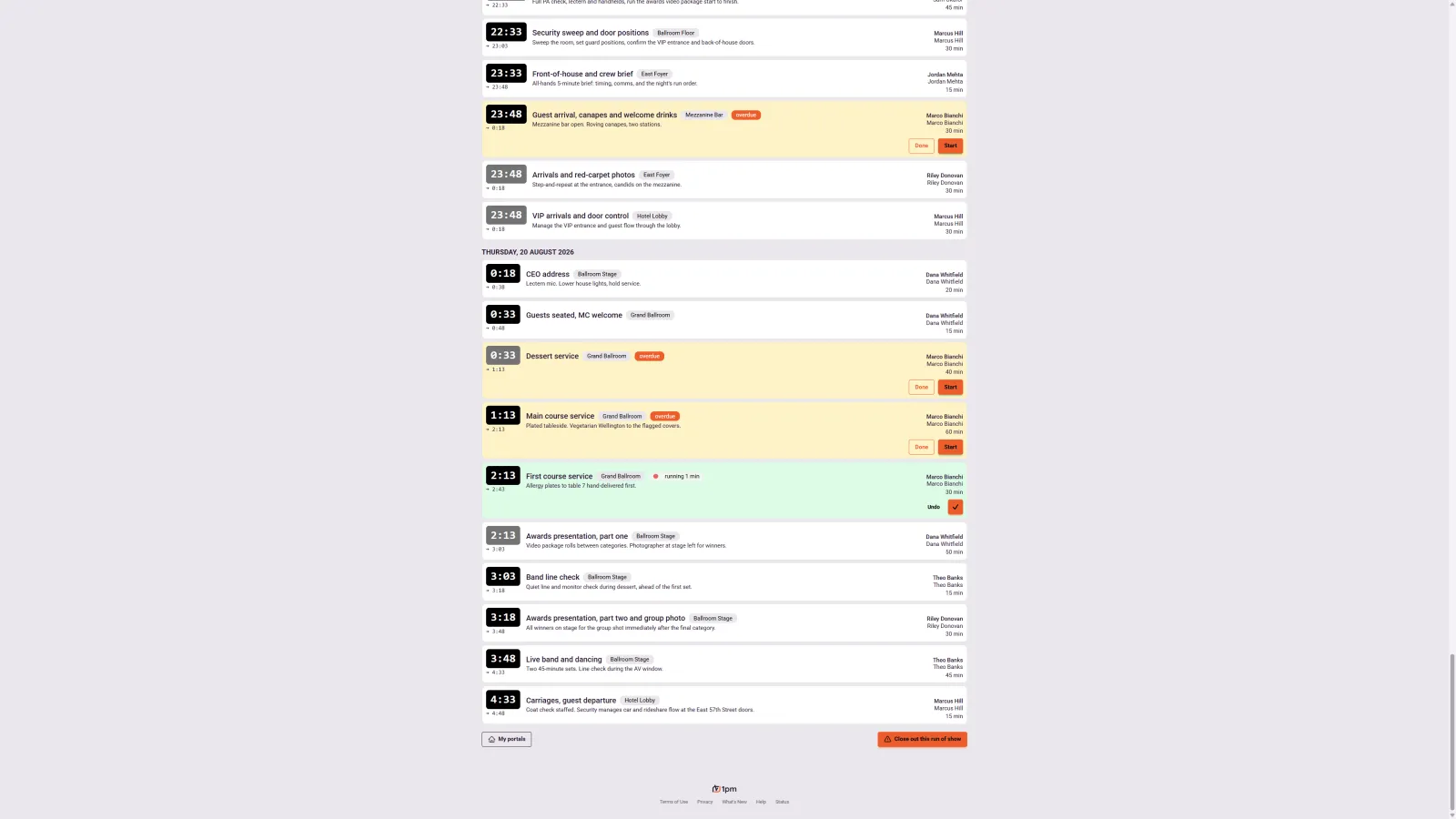 A crew member's login-free run of show in 1pm: each item shows a countdown alongside its clock time, its title, the space it happens in, and the crew member responsible with a duration, one item running and highlighted, one flagged overdue, Done and Start buttons on the items that are theirs, a day divider between the load-in evening and the event day, and a Close out this run of show button at the foot.