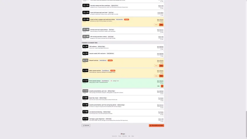 A crew member's login-free Event Portal in 1pm, showing the run of show: each item shows a countdown alongside its clock time, its title, the space it happens in, and the crew member responsible with a duration, one item running and highlighted, one flagged overdue, Done and Start buttons on the items that are theirs, a day divider between the load-in evening and the event day, and a Close out this run of show button at the foot.