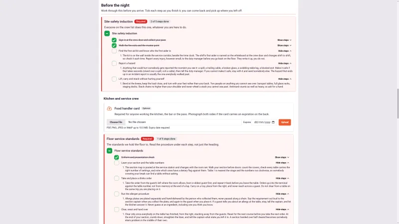 A crew member's login-free task page in 1pm: a required site safety induction showing two of five steps done, a food handler card upload with an expiry date, and a floor service standards workflow expanded to show the written procedure under each step.