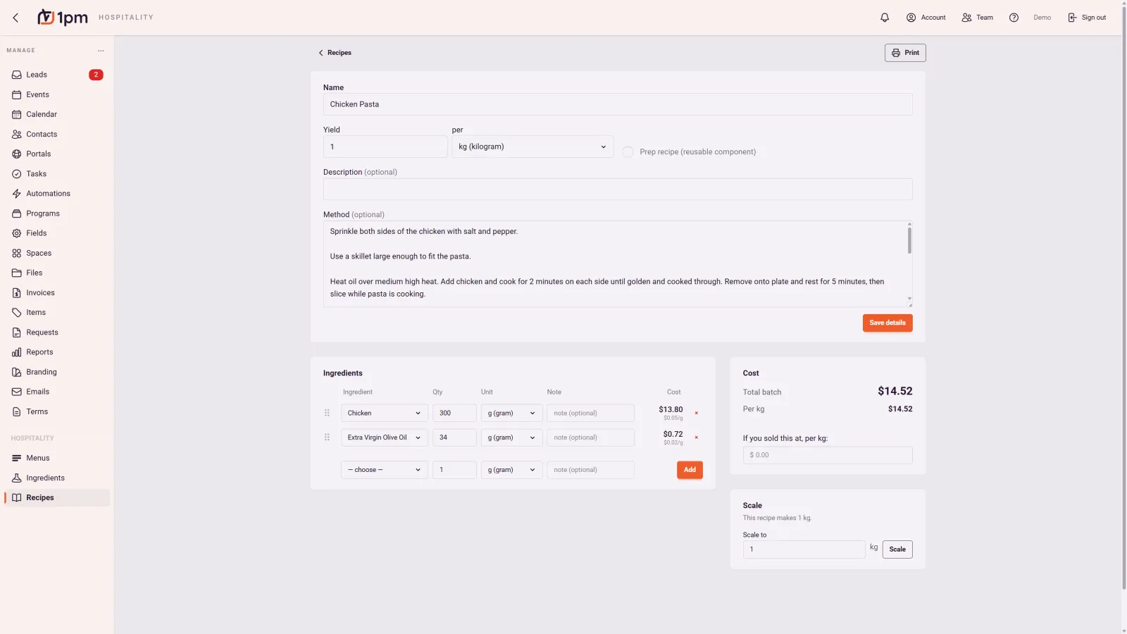 A recipe in 1pm: name, yield per kilogram, a written method, an ingredients table with quantities and per-line costs, a total batch cost of $14.52 with cost per kilogram, a field for the price you sell it at, and a scaler that recalculates the batch.