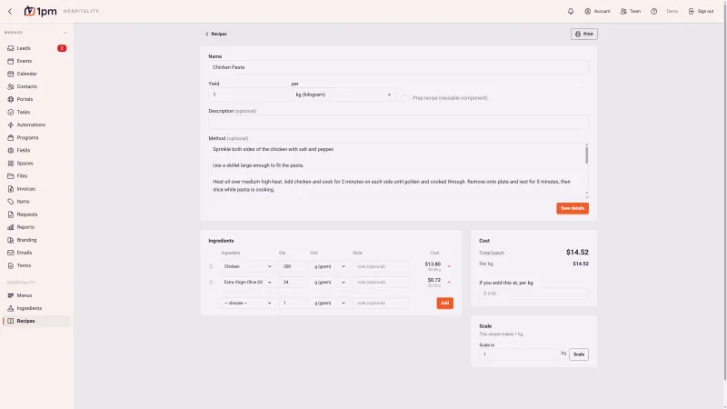 A recipe in 1pm: name, yield per kilogram, a written method, an ingredients table with quantities and per-line costs, a total batch cost of $14.52 with cost per kilogram, a field for the price you sell it at, and a scaler that recalculates the batch.