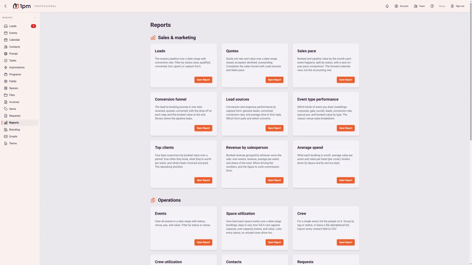 The Reports index in 1pm, grouped by the question each one answers: sales and marketing reports for leads, quotes, sales pace, the conversion funnel, lead sources, event type performance, top clients, revenue by salesperson and average spend, then operations reports for events, space utilization, crew and contacts.