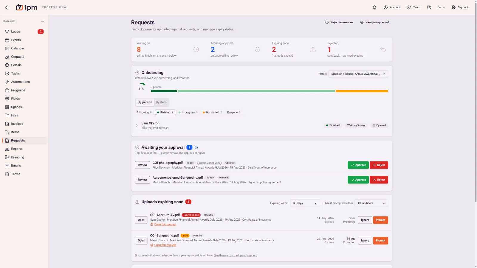 The Requests dashboard in 1pm: counts for waiting on, awaiting approval, expiring soon and rejected, an onboarding progress bar by person, a queue of uploads to approve or reject with the requester and document named, and a list of documents expiring soon with Ignore and Prompt actions.
