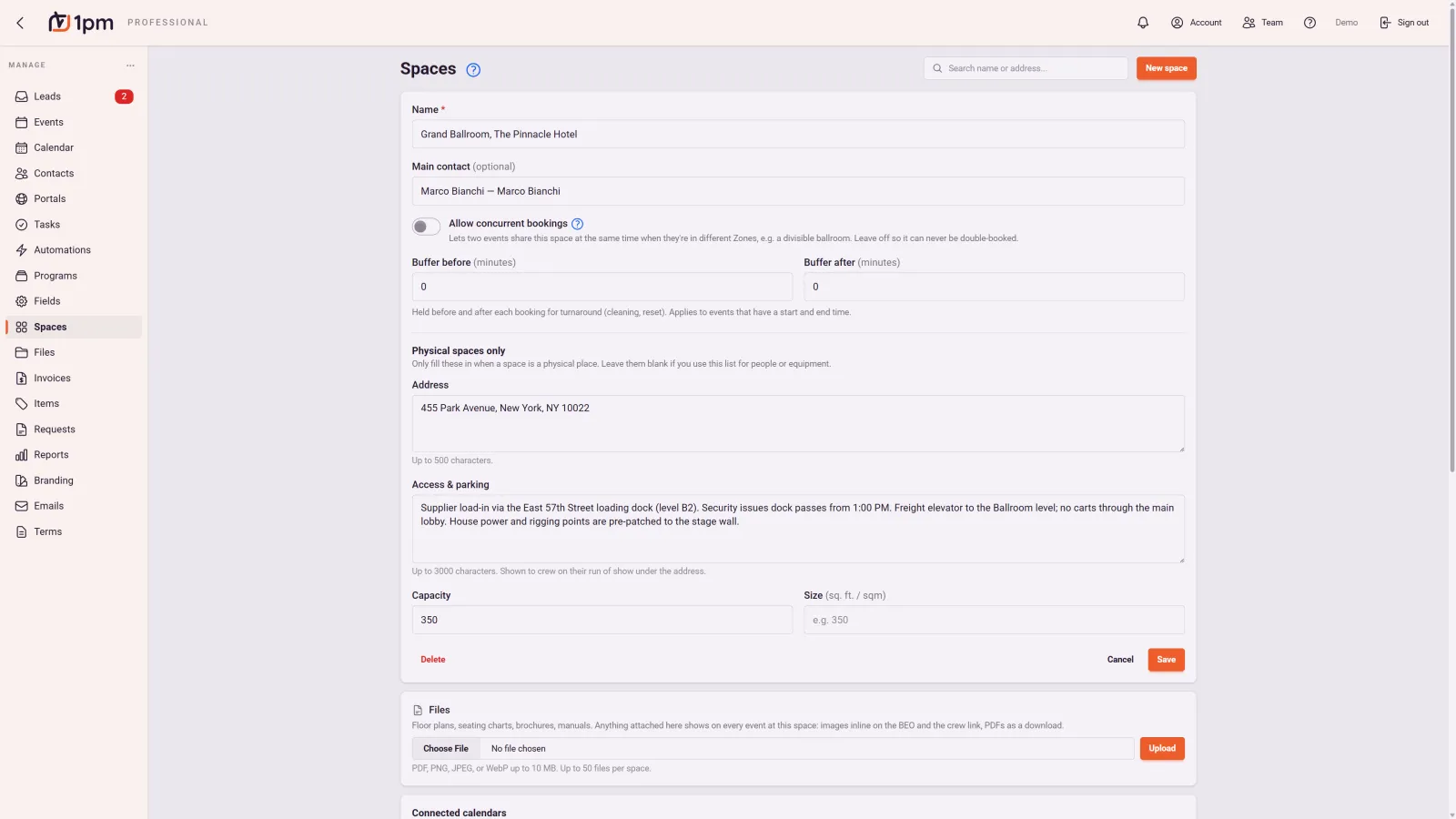 A Space in 1pm: name, a main contact, an allow concurrent bookings toggle, buffer minutes before and after each booking, a street address, written access and parking instructions covering the loading dock, freight elevator and rigging points, capacity and floor size, plus attached files for floor plans and seating charts.