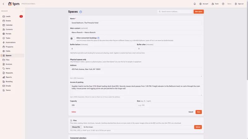 A Space in 1pm: name, a main contact, an allow concurrent bookings toggle, buffer minutes before and after each booking, a street address, written access and parking instructions covering the loading dock, freight elevator and rigging points, capacity and floor size, plus attached files for floor plans and seating charts.
