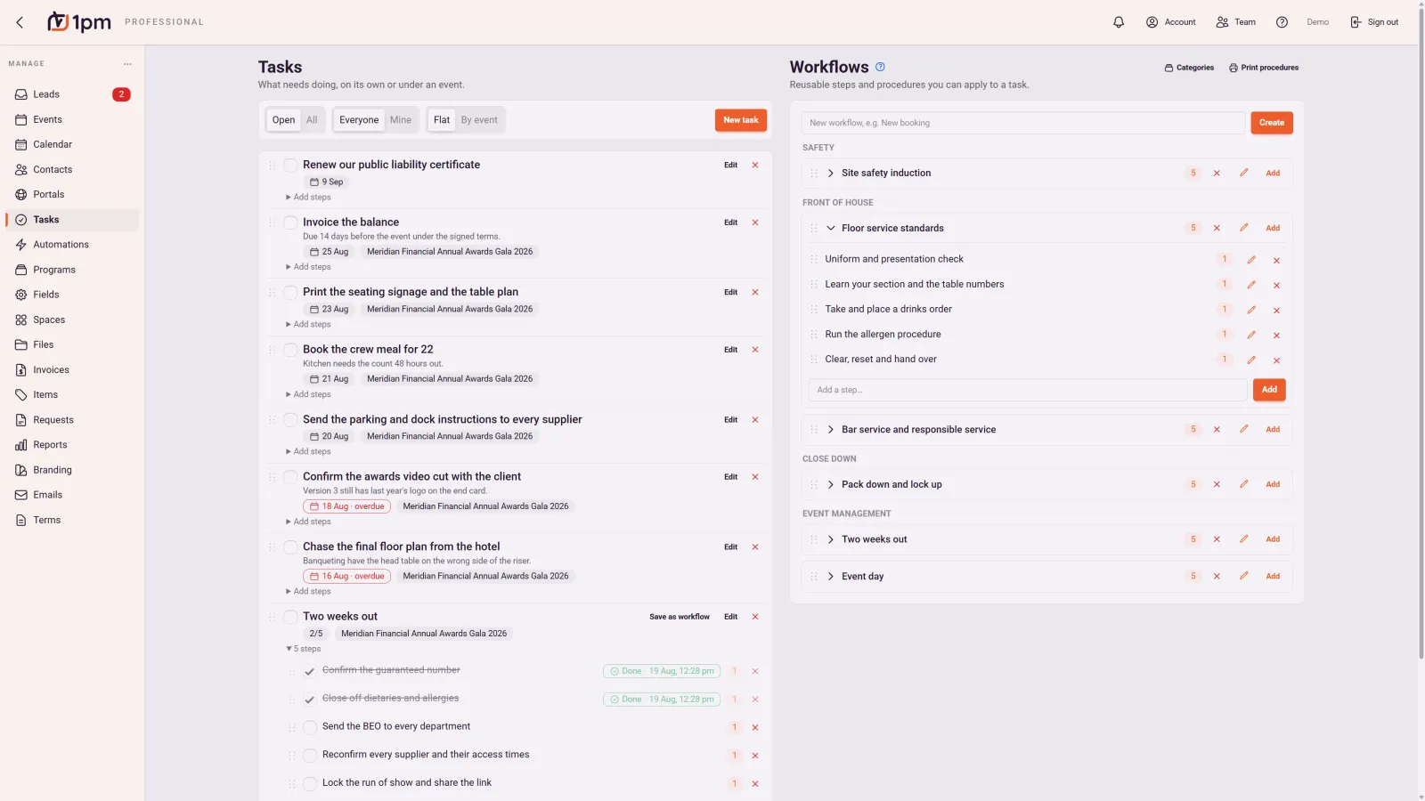 The Tasks page in 1pm side by side with the Workflows library: open tasks with due dates and the event each belongs to, one expanded into ticked-off steps, next to reusable workflows grouped under safety, front of house, close down and event management.