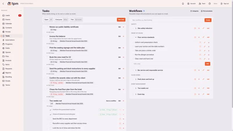 The Tasks page in 1pm side by side with the Workflows library: open tasks with due dates and the event each belongs to, one expanded into ticked-off steps, next to reusable workflows grouped under safety, front of house, close down and event management.